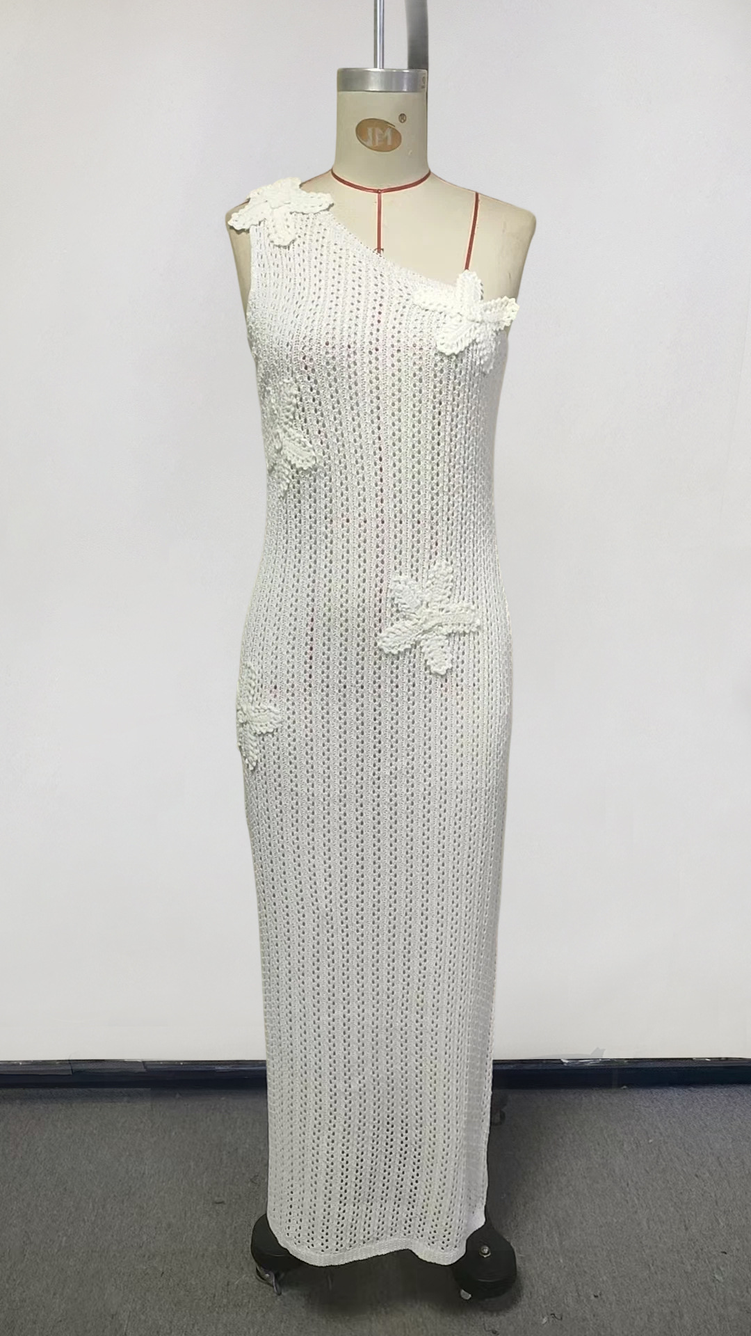 One Shoulder Crochet Maxi Dress Slim Knit Mermaid Silhouette Beach Cover up